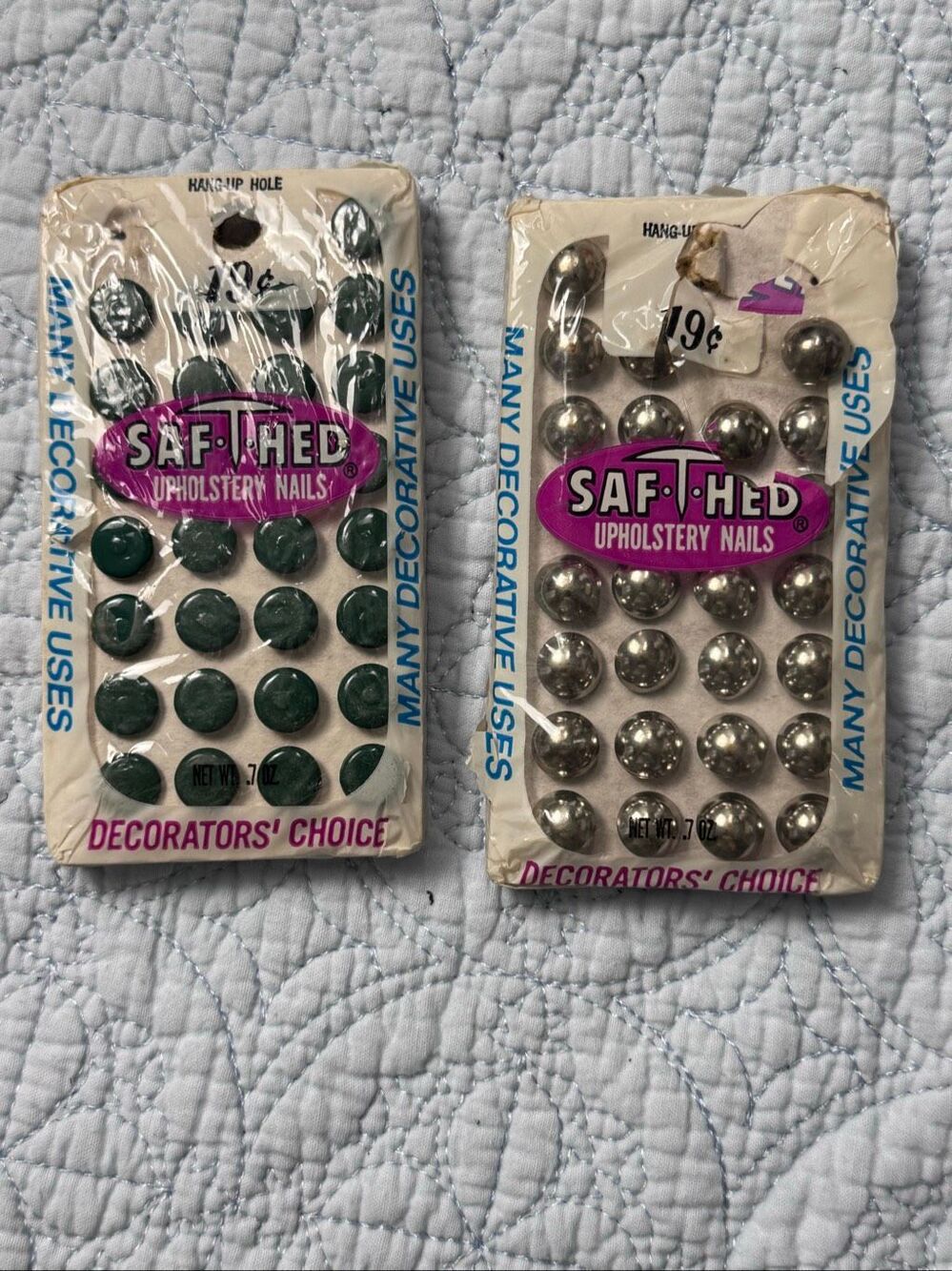 Vintage Saf-T-Hed Upholstery Nails - 29 Green Flat Head/28 Silver Domed Head NOS
